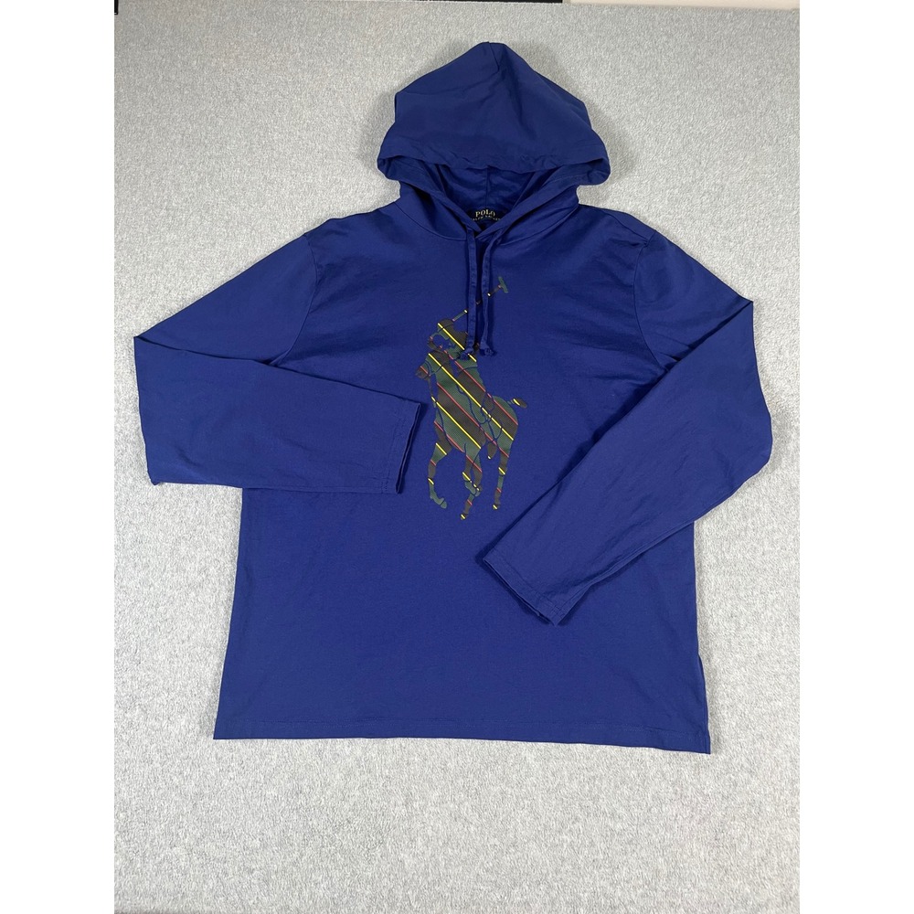 Polo Ralph Lauren Mens Blue Big Pony Striped Graphic Hoodie T-Shirt Size L